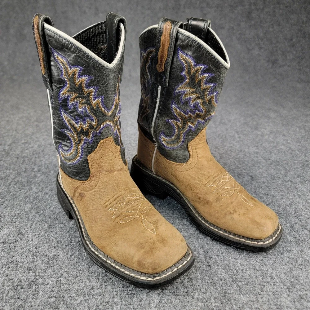 Old West 9.5 D Kids Leather Cowboy Boots Square Toe Black Tan Purple WB1002